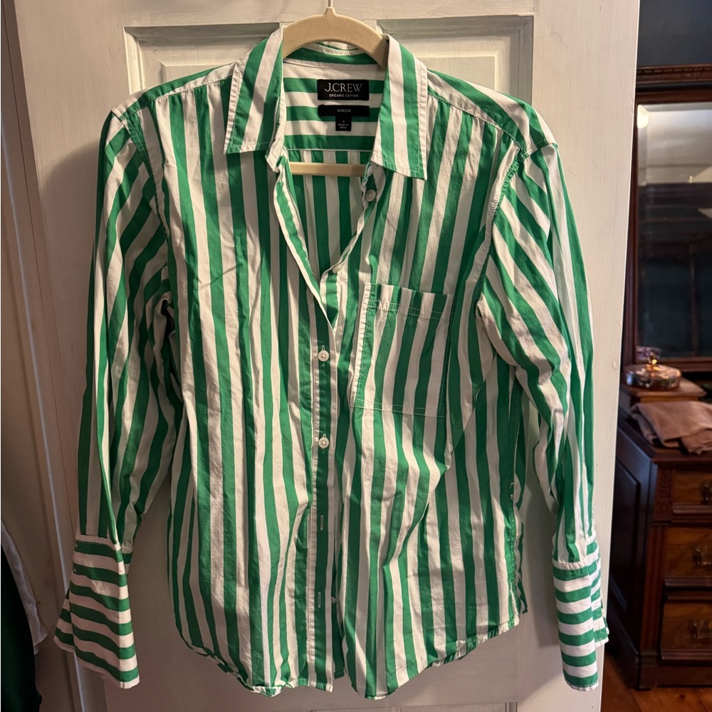 J. Crew Bold Green and White Striped Button-Up